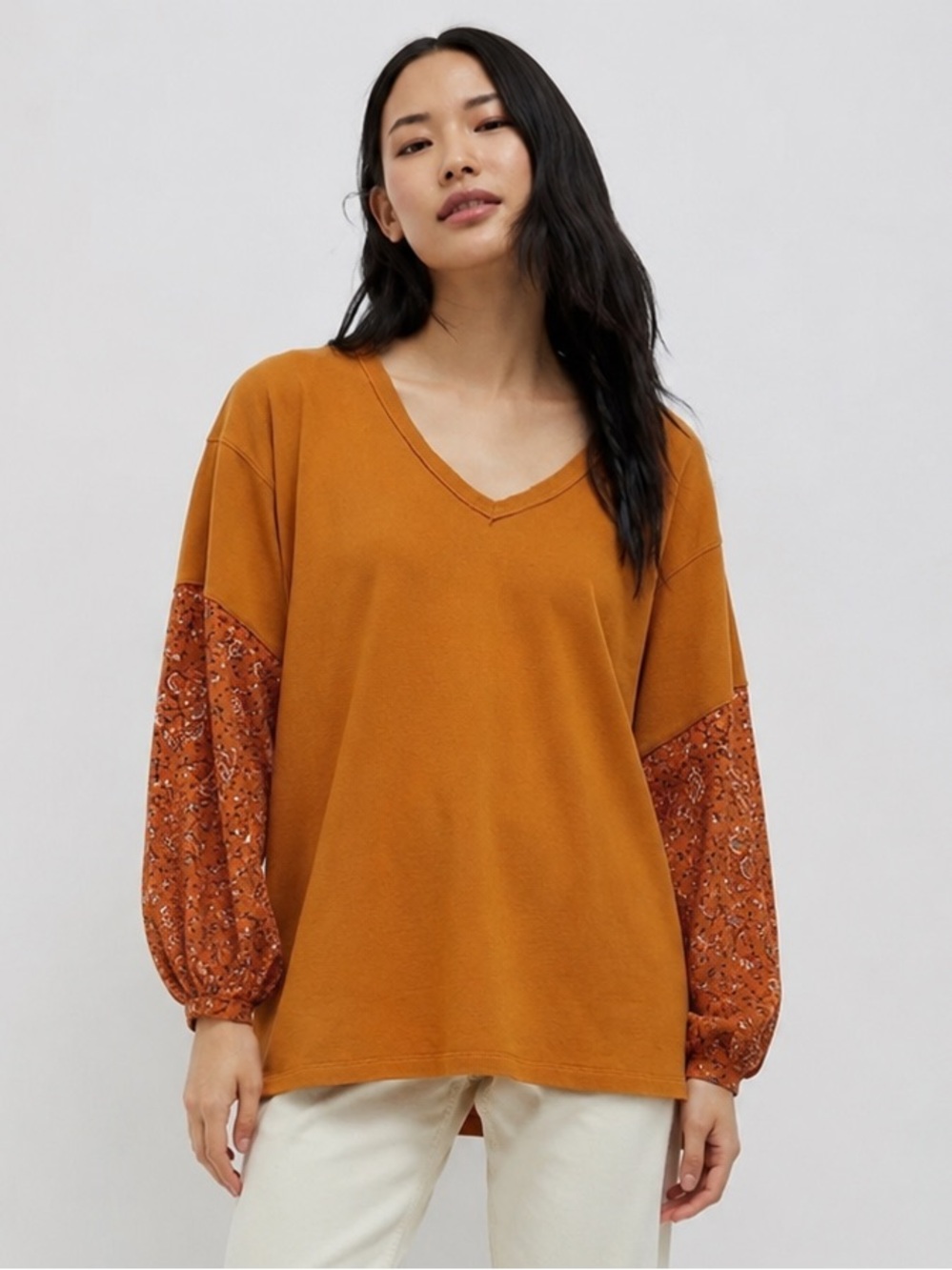 Anthropologie Annette Waffle Knit Floral Sleeve Top Size Medium Boho Blouse